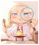  1girl :&lt; blonde_hair blue_eyes child commentary_request cup drooling food hood hoodie kozato_(yu_kozato) low_twintails magnifying_glass mug original pudding saliva short_twintails solo spoon twintails white_hoodie wooden_spoon 
