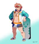  1boy alternate_costume bike_shorts character_print commentary eiscue freckles full_body gen_8_pokemon go-lurk goggles goggles_on_head green_eyes gym_leader jacket knees legs_apart male_focus milo_(pokemon) navel open_clothes open_jacket open_mouth pink_hair pokemon pokemon_(game) pokemon_swsh sandals solo standing toes tongue upper_teeth whistle whistle_around_neck 
