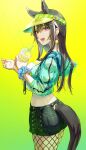  1girl :d animal_ears ass bangs black_hair black_shorts breasts character_request cowboy_shot cup drinking_straw drop_earrings earrings fishnet_legwear fishnets from_side gradient gradient_background green_nails hair_between_eyes highres holding holding_cup horse_ears horse_tail jewelry large_breasts long_hair looking_at_viewer midriff nail_polish open_mouth original pink_eyes pocket revision scrunchie shorts simple_background smile solo syuri22 tail visor_cap wrist_scrunchie yellow_background 