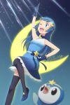  1girl ;d absurdres arm_up bangs beads black_legwear blue_dress blue_eyes blue_footwear blue_gloves blue_hair blurry blurry_foreground blush commentary crescent crescent_hair_ornament hikari_(pokemon) dress english_commentary gen_4_pokemon gloves gradient_dress hair_ornament highres long_hair looking_up one_eye_closed open_mouth piplup pokemon pokemon_(anime) pokemon_(creature) pokemon_swsh_(anime) scarletsky shoes signature sleeveless sleeveless_dress smile thigh-highs tongue upper_teeth 