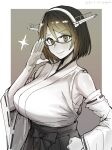  1girl absurdres attyon bangs breasts dated detached_sleeves eyebrows_visible_through_hair glasses greyscale hair_between_eyes hand_on_eyewear headgear highres huge_breasts japanese_clothes kantai_collection kirishima_(kancolle) looking_at_viewer monochrome ribbon-trimmed_sleeves ribbon_trim short_hair signature simple_background skirt smile solo sparkle upper_body 