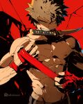  1boy abs artist_name bakugou_katsuki blonde_hair boku_no_hero_academia clonion commentary earrings english_commentary hand_wraps high_contrast highres jewelry looking_at_viewer male_focus mouth_hold muscular muscular_male nipples red_eyes sanpaku shirtless short_hair solo spiky_hair teeth teeth_hold upper_body watermark weapon_request 