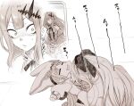  3girls drooling fairy_knight_tristan_(fate) fate/grand_order fate_(series) habetrot_(fate) hat long_hair monochrome morgan_le_fay_(fate) multiple_girls pointy_ears ponytail sleeping smelling surprised toritora wide-eyed zzz 