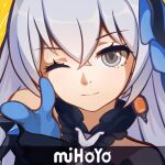  1girl bangs bare_shoulders black_gloves bronya_zaychik bronya_zaychik_(herrscher_of_reason) close-up closed_mouth company_name earrings gloves grey_eyes grey_hair hair_between_eyes honkai_(series) honkai_impact_3rd index_finger_raised jewelry long_hair nalukikiki one_eye_closed parody pointing pointing_at_viewer portrait simple_background smile solo yellow_background 