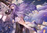  1girl 1other absurdres animal_ears arisu_(wangyunqiu) astronaut bangs black_jacket clouds expressionless eyebrows_visible_through_hair floating floating_hair full_body hair_between_eyes highres jacket kneehighs long_hair looking_at_viewer looking_back parted_lips pleated_skirt purple_hair purple_skirt rabbit_ears reflection reisen_udongein_inaba satellite skirt sky solar_panel space star_(sky) starry_sky suit_jacket touhou very_long_hair violet_eyes white_legwear 