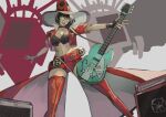  1girl absurdres belt black_hair boots electric_guitar guilty_gear guilty_gear_strive guitar hat highres i-no instrument jacket midriff red_jacket red_legwear short_hair subakeye sunglasses thigh-highs thigh_boots venus_symbol very_short_hair witch_hat 