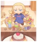  1girl :&lt; barefoot black_pants blonde_hair blue_eyes blue_shirt border building_block child food holding indoors kozato_(yu_kozato) low_twintails original pants pudding shirt short_hair short_twintails solo twintails white_border 