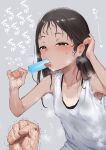  1boy 1girl absurdres anger_vein black_eyes black_hair blush breasts food grey_background highres ie_(raarami) licking long_hair looking_at_viewer original popsicle pov saliva simple_background small_breasts sweat tan tank_top 