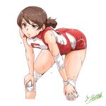  1girl artist_name bangs brown_eyes brown_hair commentary_request cropped_legs elbow_pads frown girls_und_panzer hands_on_own_knees highres kawanishi_shinobu knee_pads leaning_forward looking_to_the_side open_mouth red_shirt red_shorts satou_yasu shirt short_hair short_ponytail short_shorts shorts signature simple_background single_vertical_stripe sleeveless sleeveless_shirt solo sportswear standing sweatdrop swept_bangs volleyball_uniform white_background 