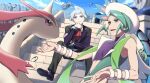 2boys bangs beldum closed_mouth clouds commentary day dolustoy gen_3_pokemon green_hair grey_eyes grey_hair hand_up highres jacket long_sleeves male_focus milotic multiple_boys open_mouth outdoors pants pokemon pokemon_(creature) pokemon_(game) pokemon_oras shoes short_hair sitting sky smile stairs steven_stone tongue upper_teeth wallace_(pokemon) water_drop 