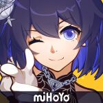  1girl bangs bare_shoulders blue_eyes blue_hair close-up closed_mouth company_name hair_between_eyes hair_ornament honkai_(series) honkai_impact_3rd index_finger_raised nalukikiki one_eye_closed parody pointing pointing_at_viewer portrait seele_vollerei seele_vollerei_(stygian_nymph) short_hair simple_background smile solo yellow_background 