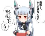  1girl dress eyebrows_visible_through_hair fingerless_gloves gloves hair_ribbon headgear kantai_collection long_hair murakumo_(kancolle) okitsugu red_eyes ribbon sailor_dress short_eyebrows silver_hair snot solo tears tissue tissue_box translation_request tress_ribbon upper_body wavy_mouth 