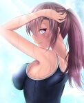  1girl arm_up breasts bright_pupils closed_mouth from_side highres kanna_(minamozuki) light_smile long_hair looking_at_viewer medium_breasts one-piece_swimsuit original ponytail purple_hair school_swimsuit solo swimsuit tan tanlines upper_body violet_eyes wet white_pupils 