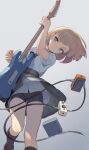  1girl bike_shorts black_legwear blonde_hair blue_eyes earrings effects_pedal electric_guitar guitar highres holding holding_instrument instrument jewelry kneehighs kurobuta_gekkan original parted_lips school_uniform short_hair 