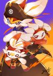  absurdres bandana bright_pupils brown_headwear cinderace closed_mouth clothed_pokemon coat commentary_request furry gen_8_pokemon hat hatted_pokemon highres minamo_(pixiv17726065) pokemon pokemon_(creature) pokemon_(game) pokemon_unite raboot red_bandana red_eyes scorbunny smile white_pupils 