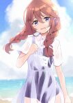  1girl bangs black_swimsuit blue_sky blush braid brown_hair clouds cloudy_sky collared_dress commentary_request day dress eyebrows_visible_through_hair hair_between_eyes hand_up head_tilt highres horizon long_hair looking_at_viewer low_twintails ocean old_school_swimsuit outdoors parted_lips princess_connect! school_swimsuit see-through short_sleeves sky solo swimsuit swimsuit_under_clothes twin_braids twintails uruc violet_eyes water white_dress yuni_(princess_connect!) 