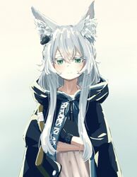  1girl animal_ear_fluff animal_ears arknights bangs blush book book_hug cat_ears cloak closed_mouth eyebrows_visible_through_hair green_eyes highres holding holding_book hood hooded_cloak infection_monitor_(arknights) long_hair rosmontis_(arknights) seriten silver_hair solo 