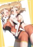  2girls bike_shorts blonde_hair blush bodysuit dual_persona elbow_gloves gloves highres messy_hair multiple_girls one_eye_closed open_mouth orange_eyes pouty_lips senki_zesshou_symphogear senki_zesshou_symphogear_xd_unlimited shiny shiny_hair smile tachibana_hibiki_(symphogear) v white_gloves yukitsuba_hina 