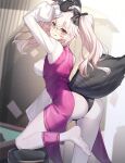 1girl animal_ear_fluff animal_ears arm_up ass bangs black_bow black_gloves black_leotard blush bow breasts coattails commentary_request eyebrows_visible_through_hair fate/grand_order fate_(series) female_ass fox_ears fox_girl fox_tail glasses gloves hair_between_eyes hair_bow indoors koyanskaya_(fate) leotard long_hair long_sleeves looking_at_viewer looking_to_the_side medium_breasts no_shoes pantyhose pink_hair puffy_long_sleeves puffy_sleeves ririko_(zhuoyandesailaer) smile soles solo stool tail tamamo_(fate) thick_eyebrows twintails white_legwear yellow_eyes