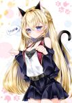  1girl animal_ears bangs bare_shoulders belt between_breasts black_collar blonde_hair blue_eyes blush braid breasts cat_ears cat_symbol cat_tail clenched_hand collar eyebrows_visible_through_hair fake_animal_ears frilled_skirt frills hair_between_eyes hands_up highres long_hair mayu_(sh-n-9) nyan original paw_print red_vest skirt solo speech_bubble tail unbuttoned very_long_hair vest violet_eyes 