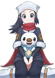  1girl akari_(pokemon) black_hair black_legwear black_undershirt blush commentary_request eyelashes gen_5_pokemon grey_eyes hands_together head_scarf highres jacket knees_together_feet_apart long_hair looking_at_viewer loose_socks on_lap oshawott pantyhose pokemon pokemon_(creature) pokemon_(game) pokemon_legends:_arceus pokemon_on_lap ponytail red_scarf ricky_(pasta_00) scarf sidelocks sitting smile white_background white_headwear white_legwear 