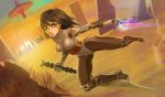  2019 alita battle_angel_alita blade bodysuit brown_eyes brown_hair building cityscape clouds cyberpunk cyborg danderfull dated debris dusk dust energy english_commentary facial_tattoo floating_city highres jumping leotard looking_at_viewer machinery mechanical_arms mechanical_legs ruins salem_(gunnm) sand science_fiction shiny signature sun sword tattoo trash weapon 