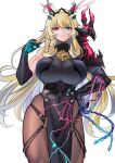  1girl asakou_(n_morninglight) blonde_hair bodystocking breasts cowboy_shot fairy_knight_gawain_(fate) fate/grand_order fate_(series) green_eyes heterochromia highres horns huge_breasts long_hair looking_at_viewer muscular muscular_female n_morninglight pelvic_curtain red_eyes solo 