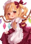  1girl alternate_costume apron artist_name blush bow crystal dress enmaided fang flandre_scarlet hair_bow long_hair maid maid_headdress moni_monico neck_ribbon one_side_up open_mouth red_bow red_dress red_eyes ribbon simple_background skin_fang skirt_hold smile solo touhou white_background wings yellow_neckwear 