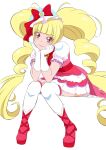 1girl absurdly_long_hair bangs blonde_hair blunt_bangs boots bow closed_mouth cure_macherie dress elbow_gloves elbows_on_knees eyebrows_visible_through_hair eyelashes frilled_legwear fuchi_(nightmare) full_body gloves hair_bow head_rest highres hugtto!_precure invisible_chair layered_dress leaning_forward long_hair looking_at_viewer precure red_bow red_dress red_eyes red_footwear red_lips shiny shiny_hair short_dress short_sleeves simple_background sitting smile solo thigh-highs twintails very_long_hair white_background white_dress white_gloves white_legwear white_sleeves zettai_ryouiki 