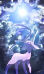  clouds commentary_request espeon forked_tail from_below gen_2_pokemon highres iie_efg no_humans pokemon pokemon_(creature) signature solo standing tail violet_eyes 