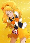  1girl arms_behind_back blonde_hair bow brown_eyes closed_mouth collarbone cowboy_shot cure_honey eyebrows_visible_through_hair fuchi_(nightmare) hair_bow happinesscharge_precure! high_ponytail leaning_to_the_side long_hair looking_at_viewer miniskirt orange_bow orange_neckwear precure shiny shiny_hair short_sleeves skirt smile solo standing very_long_hair yellow_background yellow_skirt 