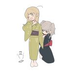  2girls bangs black_kimono blonde_hair braid cellphone clenched_teeth closed_eyes closed_mouth dangan_ronpa_(series) dangan_ronpa_2:_goodbye_despair eyebrows_visible_through_hair full_body gamhwa grey_hair hair_ribbon highres japanese_clothes kimono kuzuryuu_natsumi long_hair long_sleeves multiple_girls obi pekoyama_peko phone ribbon sash seiza simple_background sitting standing teeth translation_request twin_braids white_background white_ribbon wide_sleeves 