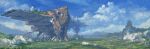  aircraft bird blue_sky broken building cliff clouds day faux_traditional_media highres hwanggyu_kim landscape machinery mountain no_humans original outdoors overgrown road rural scenery science_fiction sky village 