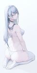  1girl ass bangs bare_arms bare_shoulders bra braid breasts closed_mouth commentary crown_braid erospanda eyebrows_visible_through_hair full_body grey_background grey_eyes grey_hair hair_between_eyes highres kiznaiver long_hair looking_at_viewer looking_back medium_breasts no_shoes panties seiza shadow sitting soles solo sonozaki_noriko thigh-highs underwear very_long_hair white_bra white_legwear white_panties 