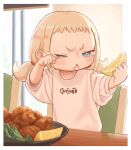  1girl :x blonde_hair blue_eyes border child closed_eyes crying food fried_chicken fruit kozato_(yu_kozato) lemon low_twintails open_mouth original shirt short_twintails solo tearing_up twintails white_border white_shirt 