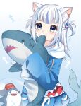  1girl :3 absurdres animal_ear_fluff animal_ears biting bloop_(gawr_gura) blue_background blue_eyes blue_hair blue_hoodie blush cat_ears commentary drawstring fang fish_tail gawr_gura gradient gradient_background hair_ornament highres hololive hololive_english hood hood_down hoodie ikea_shark long_sleeves looking_at_viewer lydia601304 multicolored_hair shark_tail sharp_teeth silver_hair sleeves_past_fingers sleeves_past_wrists streaked_hair stuffed_animal stuffed_shark stuffed_toy tail teardrop teeth two_side_up virtual_youtuber white_background 