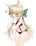  1girl :d animal_ear_fluff animal_ears art556_(girls_frontline) bangs bare_shoulders black_bra black_panties blush bow bra braid brown_eyes dokomon eyebrows_visible_through_hair fang girls_frontline gloves green_bow green_hair hair_between_eyes hair_bow hands_up heart long_hair looking_at_viewer low_twintails navel open_mouth p7_(girls_frontline) panties simple_background smile solo twintails underwear very_long_hair white_background white_gloves 
