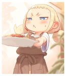  1girl :&lt; apron blonde_hair blue_eyes brown_apron child commentary_request food kozato_(yu_kozato) low_twintails original pasta shirt short_twintails solo spaghetti sweatdrop twintails white_shirt 