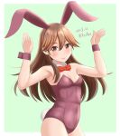  1girl ame-san animal_ears arashio_(kancolle) bow bowtie brown_eyes brown_hair brown_leotard bunny_day bunny_pose commentary_request cowboy_shot detached_collar highres kantai_collection leotard long_hair looking_at_viewer one-hour_drawing_challenge playboy_bunny rabbit_ears rabbit_tail red_neckwear solo strapless strapless_leotard tail wrist_cuffs 