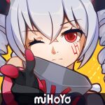  1girl bangs bare_shoulders black_gloves bronya_zaychik bronya_zaychik_(black_nucleus) close-up closed_mouth drill_hair gloves grey_hair hair_between_eyes honkai_(series) honkai_impact_3rd index_finger_raised nalukikiki parody pointing pointing_at_viewer portrait red_eyes simple_background solo twin_drills yellow_background 