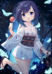  1girl bangs bare_legs blue_eyes blunt_bangs bug butterfly dark_blue_hair eyebrows_visible_through_hair fuiba_fuyu gochuumon_wa_usagi_desu_ka? hair_ornament hairpin highres insect japanese_clothes kimono night open_mouth sandals short_hair solo standing standing_on_one_leg usagi_takumichi yukata 