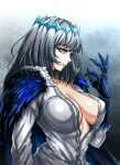  1girl blue_eyes breasts cloak collarbone collared_shirt crown eyebrows_visible_through_hair fate/grand_order fate_(series) from_side gauntlets genderswap genderswap_(mtf) grey_hair highres insect_wings large_breasts looking_at_viewer medium_hair oberon_(fate) parted_lips plunging_neckline shirt solo unbuttoned unbuttoned_shirt wings zantyarz 