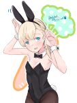  1girl alakoala animal_ears bangs black_legwear black_leotard black_neckwear blonde_hair blue_eyes blunt_bangs bow bowtie bunny_day bunny_pose commentary_request cowboy_shot detached_collar hair_over_shoulder highres kantai_collection leotard long_hair looking_at_viewer pantyhose playboy_bunny rabbit_ears rabbit_tail shin&#039;you_(kancolle) solo strapless strapless_leotard tail white_background wrist_cuffs 