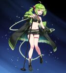  1girl absurdres artpatient asymmetrical_bangs bangs black_jacket black_skirt breasts character_name commentary delutaya english_commentary eyebrows_visible_through_hair green_hair highres holding holding_microphone indie_virtual_youtuber jacket microphone microphone_stand microskirt midriff navel open_mouth pencil_skirt short_hair skirt small_breasts solo thigh_strap twintails virtual_youtuber 