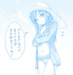  1girl asashio_(kancolle) bare_legs bikini blue_theme closed_mouth cowboy_shot crossed_arms eyebrows_visible_through_hair gotou_hisashi hat jacket kantai_collection long_sleeves navel open_clothes open_jacket smile solo speech_bubble sun_hat swimsuit translation_request 