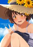  1girl 2021 bangs blue_bow bow brown_hair character_name clouds day dress flower hat hat_flower kantai_collection off-shoulder_dress off_shoulder open_mouth orange_eyes outdoors short_hair sky solo straw_hat summer upper_body v watanore white_dress yellow_flower yukikaze_(kancolle) 