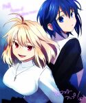 2girls ahoge arcueid_brunestud back-to-back bangs black_dress blonde_hair blue_eyes blue_hair breasts ciel_(tsukihime) commentary_request copyright_name dress english_text eyebrows_visible_through_hair fujihana_(mugenpixel) habit jewelry large_breasts long_sleeves looking_at_viewer multiple_girls necklace nun open_mouth parted_lips red_eyes short_hair sidelocks smile sweater tsukihime tsukihime_(remake) turtleneck turtleneck_sweater vampire white_sweater 