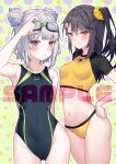  2girls arm_up bangs bare_arms bare_shoulders bikini black_hair black_swimsuit blush breasts broken_heart closed_mouth commentary double_bun eyebrows_visible_through_hair flat_chest goggles goggles_on_head grey_hair groin hair_between_eyes hair_ornament hand_on_hip heart heart_hair_ornament long_hair looking_at_viewer multiple_girls navel one-piece_swimsuit one_side_up original red_eyes sample short_sleeves small_breasts smile swimsuit tokuno_yuika v-shaped_eyebrows violet_eyes yellow_bikini 