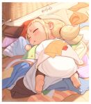  1girl :&lt; barefoot blonde_hair child commentary_request drooling kozato_(yu_kozato) low_twintails lying on_stomach original saliva shirt short_twintails sleeping solo twintails white_shirt 