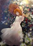  1girl bangs blurry blurry_background blurry_foreground blush brown_headwear closed_mouth commentary_request depth_of_field dress emma_(yakusoku_no_neverland) eyebrows_visible_through_hair feet_out_of_frame green_eyes hair_between_eyes hand_on_headwear hat kinokohime long_sleeves looking_at_viewer medium_hair orange_hair see-through_silhouette solo standing straw_hat white_dress yakusoku_no_neverland 